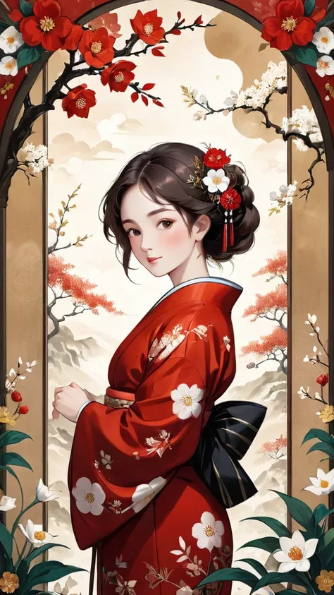 Marc Chagall style, unreal world, high detail illustration, Design an illustration of a young woman in a traditional Japanese kimono adorned with detailed floral embroidery. She is surrounded by a tapestry-like background of blooming flowers, evoking the e...