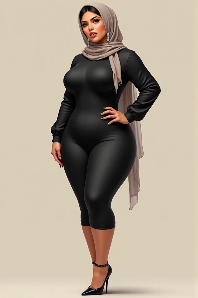 kim Kardashian busty booty curvy slim thick  flaunts curves in extremely skin tight bodycon midi dress with Long transperent muslimah scarf on head. Long earrings. Shiny high heels. Full view from head to toe. Realistic. full view from head to toe. Realist...