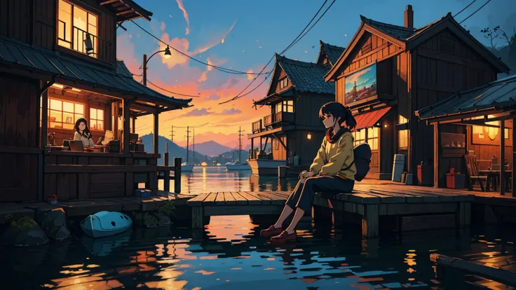 masterpiece, a woman sitting on a dock with a boat in the water, a picture by Yang J, trending on cg society, realism, artwork in the style of guweiz, guweiz, near a jetty, beautiful anime girl, anime style 4 k, sitting on a wooden dock, sitting near a riv...