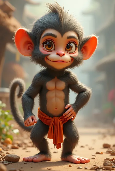 Visual of young Hanuman with a playful, innocent look and a cracked jaw)