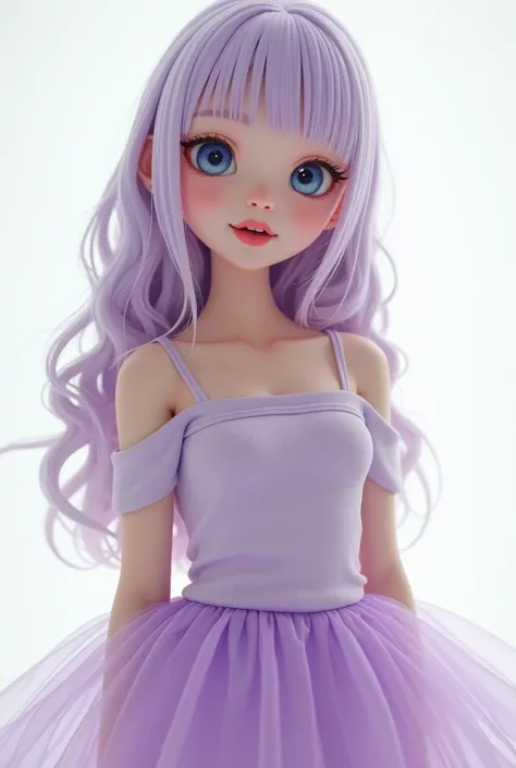 Very detailed, Very realistic, Hyperrealism, Ultra-realistic, (masterpiece, Stylish eyes with attention to detail: 1.2), (cute), 15years old girl, Off-the-shoulder tank top, Sheer purple tutu, Fashion studio white background, (Waist-up portrait :1.6), (Bod...