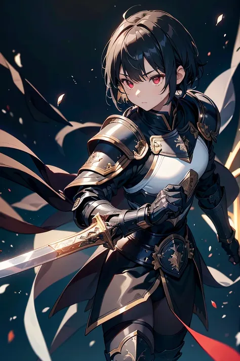 Black background with spotlight,　主people公、Young face、 male１people、（Short black hair, knight,Paladin,Gorgeous detailed armor dress, Gauntlet, Capelet, Shin guards,breastplate, cuff, Full Armor, Holds a holy, long, shining sword,Detailed hand、 Dark red eyes,...