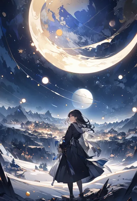 Lunar Surface、Landscape painting、A starless night、White Earth、Numerous moons and stars
