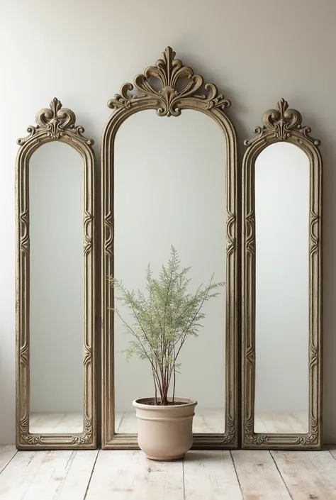 three-part!!! mirror from the front with a plant old-fashioned small 