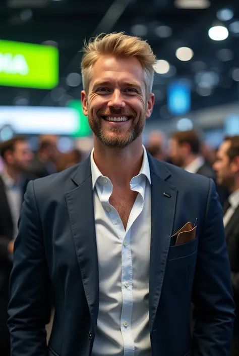 A man conferencing happy, blonde beard. Fashion dressed. Behind is a photocall with the text Nvidia