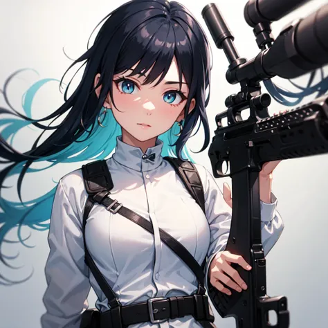 ((Best Quality)), (detailed), He has a rifle.,Around ,Black Hair,Blue hair tips,girl,cute