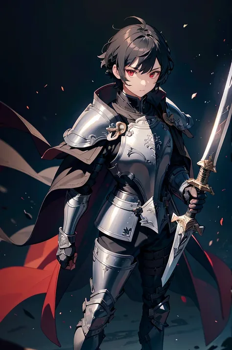 Black background with spotlight,　Full body painting、Young face、 male１people、（Short black hair, knight,Paladin,Gorgeous detailed armor dress, Gauntlet, Capelet, Shin guards,breastplate, cuff, Full Armor, Holding a sword,Detailed hand、 Dark red eyes, bangs, ...