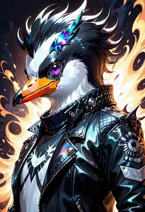 Closeup, an extremely badass anthropomorphic penguin wearing an insanely cool black leather Harley Davidson biker jacket open, abstract art style, Art by John Batho, black alcohol ink, black opal Ebru, obsidian marbling, onyx carnival glass, sharp eyes, sh...