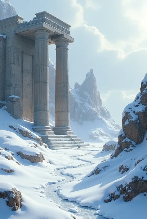 Illustration of ancient civilization ruins half-buried under snow, conceptual art in a realistic, highly detailed style."