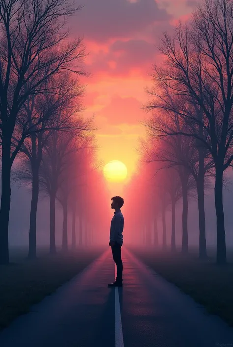 (photorealism:1.2), Create an image of a person standing alone on a quiet road at sunset, with a vibrant horizon ahead but the path behind them slowly fading into a fog. The figure looks contemplative, slightly turning their head as if watching others walk...