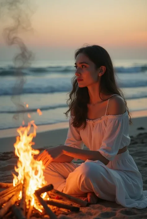 photo card girl on polaroid sitting by the fire on the seashore