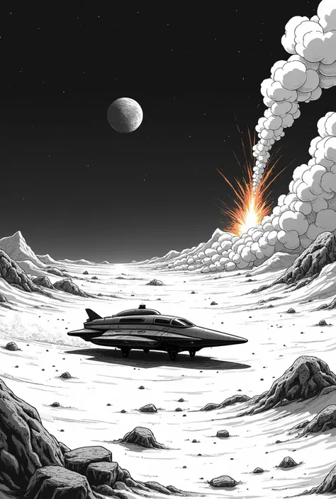 Décor paysage dans lespace avec un vaisseau spatial style Mangas shonen.  planète plate avec des mini Rocher au sol.avec de la fumée qui provient dune roche de volcan de feu vue vaisseau qui ce pose sur une planète feu. Avec des volcans En noir et blanc. P...