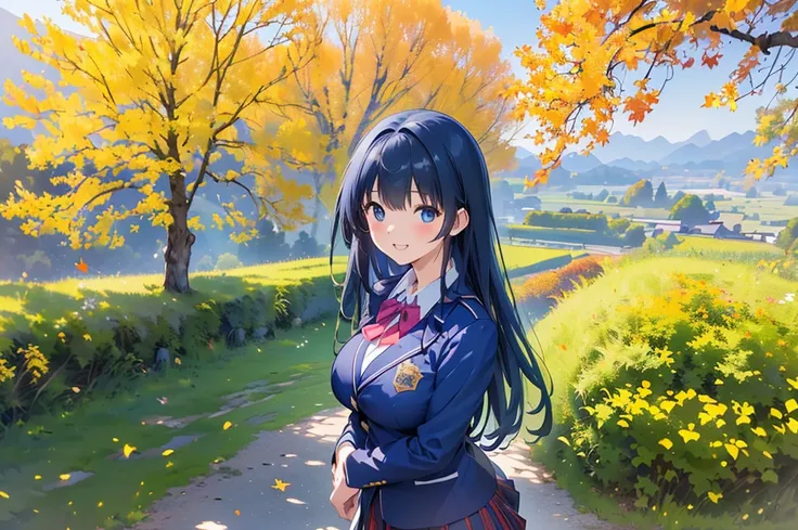 (((Masterpiece, 16k, Highest quality, Ultra-high resolution, Depth of subject))), ((Very detailed, Japanese countryside scenery, autumn leaves)), (((High school girl in blazer uniform, skirt, Big Breasts))), While chatting, Very cute smile, On the way home...