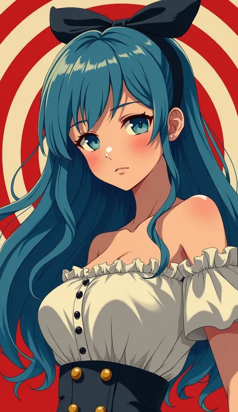 A Long Hair, Blue eyes, Black Hair, Hair Bow, Accurate, Super Detailed, UHD, Textured Skin, Large breasts, Ray Tracing, Anime, Anime Style, American Propaganda Poster, OP Art in school dress girl, 