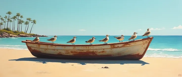 Oil painting of flocks of bsy birds perched on an old boat on a sunny and windy coastal sandbank, In the distance is a row of coastal casuarinas in minimalist painting style.