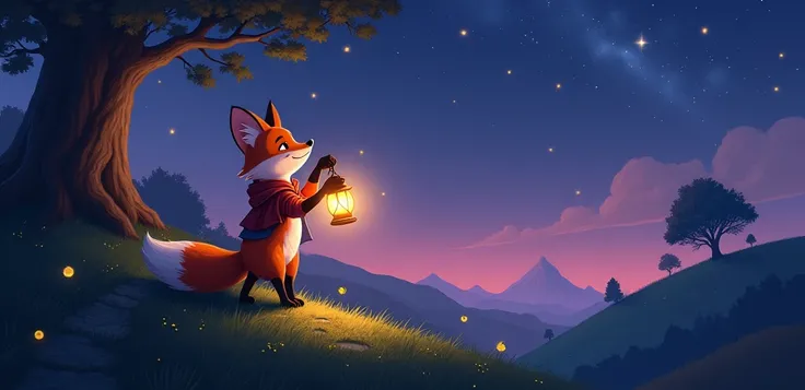 Illustration Description: A tranquil twilight scene captures the serene beauty of Whimsy Hollow. The sky, once filled with twinkling stars, is now ominously empty, setting the stage for a magical adventure. In the foreground, Finn the fox stands tall on a ...