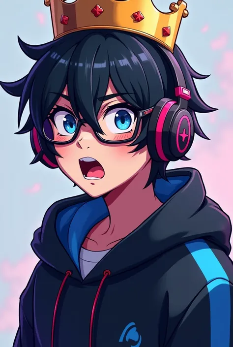  Create a high-definition, high-contrast, and high-color saturation MINECRAFT character image of a teenage boy with (black hair), wearing a black and (blue hoodie). Hes equipped with cool gaming headphones, epic pro glasses, and a crown. The boy is looking...