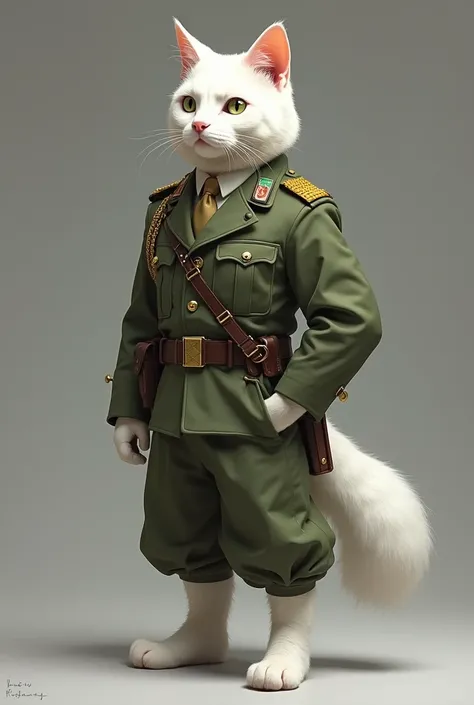 Un chat blanc anthropomorphe légèrement musclé portant une tenue militaire, face camera 