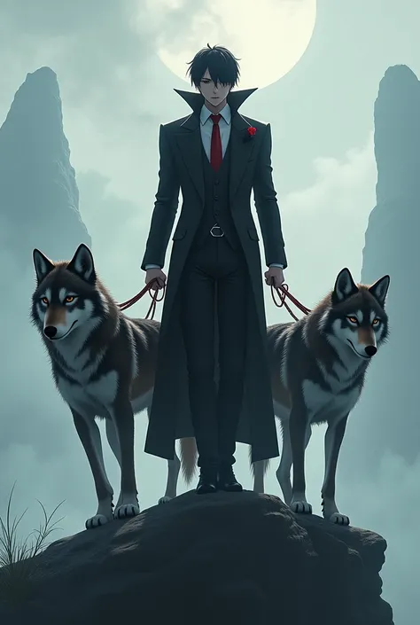 cool looking anime guy with vampire suit that Lead with rope two wolf left and right, right wolf closer to camara,on the high hill,the left wolf on the lower rock