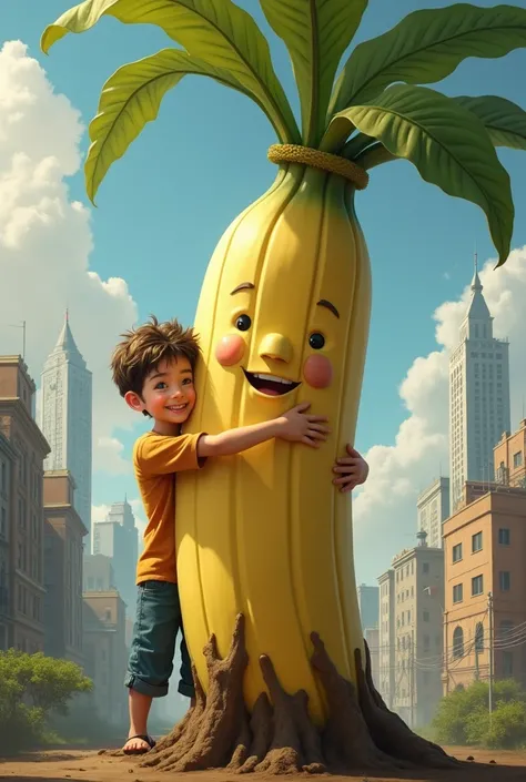 A trealestic  image  a boy hugging a banana tree with Happy  face  in center of a city