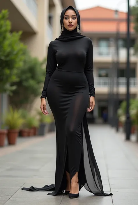 Teenage arabian muslimah curvy slim thick  flaunts curves in extremely skin tight full sleeves bodycon midi dress with Long transperent muslimah scarf on head.long earrings.high heels with indian hindu boy.in college campus.Full view from head to toe. Real...