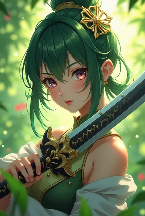 a close up of a person holding a sword and a green background, character art of maple story, genshin impact character, jrpg character, keqing from genshin impact, ayaka genshin impact, genshin, genshin impact style, buster sword, final fantasy tactics char...