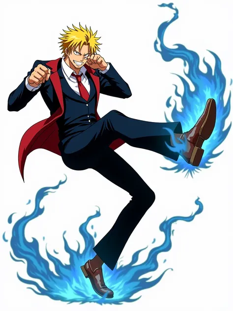 Sanji doing a karate kick and his feet are on blue fire. He looks serious with cigarrete on his mouth,8k, best quality, ultra high res, masterpiece, , sanji2, suit, hair_over_one_eye, yellow hair, eyebrow, black shirts, necktie, red jacket, facial hair, co...