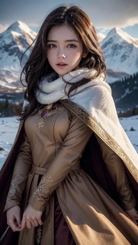 a girl with brown hair, confident expression, wearing a royal cape, wind blowing her dress, in a fantasy world with a snowy mountain background, dramatic lighting, soft skin, detailed face, glowing snow