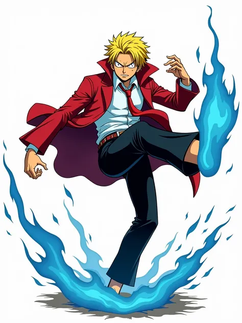 Sanji doing a karate kick and his feet are on blue fire. He looks serious with cigarrete on his mouth,8k, best quality, ultra high res, masterpiece, , sanji2, suit, hair_over_one_eye, yellow hair, eyebrow, black shirts, necktie, red jacket, facial hair, co...