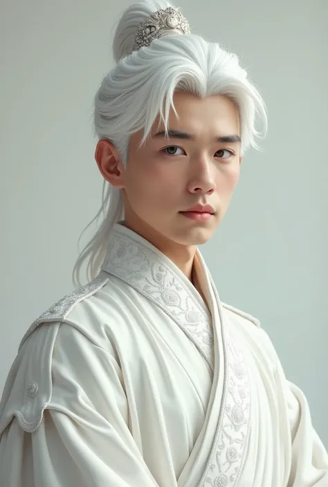 A handsome boy, white hair, wearing white emperor clothes