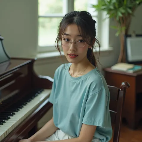 1girl, Chinese girl in a loose pale blue t-shirt, white skirt, and blue sneakers, in a piano studio, beautiful detailed eyes, beautiful detailed lips, extremely detailed eyes and face, long eyelashes, natural lighting, soft focus, professional photo, cinem...