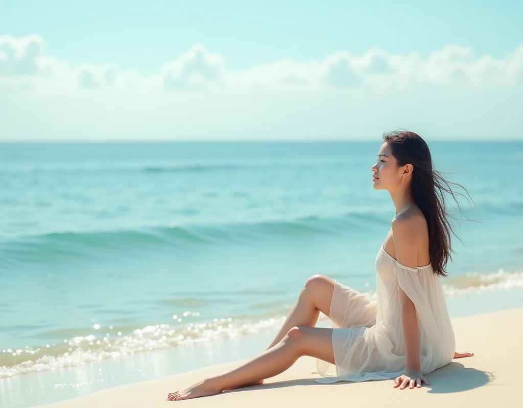 beautiful girl in a relaxed pose on the beach, She looks at the sea, feeling harmony and freedom, there is an endless horizon in front of her