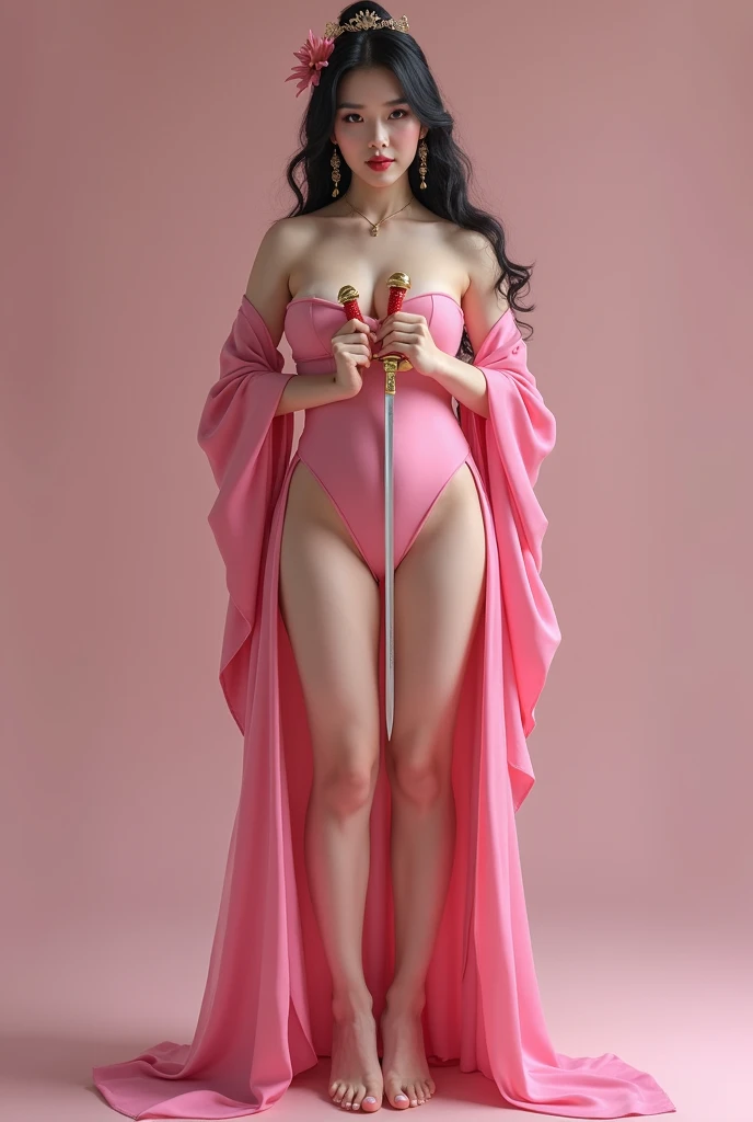 Thick thighs ,big boobs ,big ass ,s shape slim body (stem), asian princess , slim sword in hands , high slit cut mini dress ,navel ,lower abdomen exposed ,deep clevage ,half boobs exposed ,high naked heels, most beautiful cute face ,mostly naked,front view...