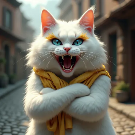 Create a highly realistic close-up image of a white Turkish Van cat standing on its hind legs, wearing a long golden wig and large golden eyelashes. The cat has its arms crossed and an angry expression, as if it’s talking wild Open mouth directly to the ca...