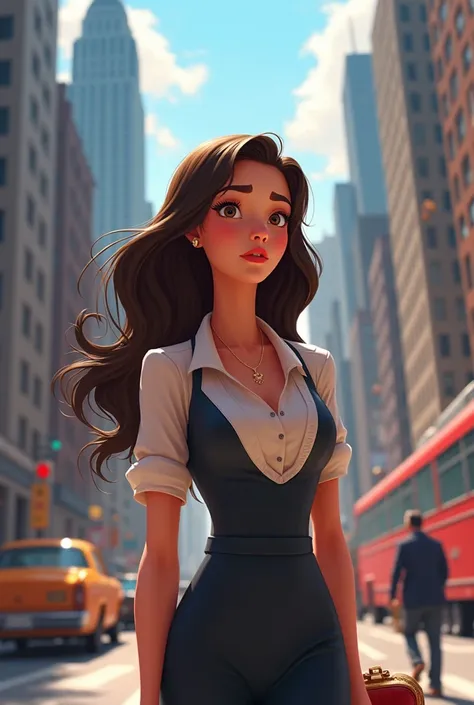 Animated brunette young demure woman in New York City,  amidst skyscrapers and bustling streets, appearing wealthy and excited, yet with a hint of discontent." A wider view of the City