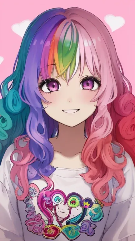 Rainbow hair colour、Curly Hair、Droopy eyes、Heart Eyes、smile、Pink Background