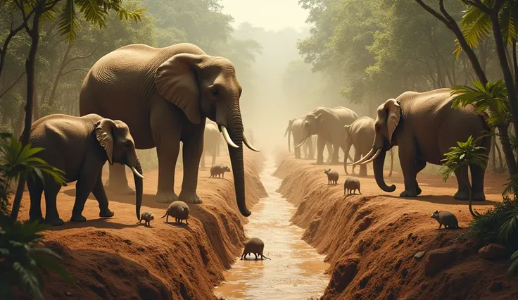 The Canal Construction
Prompt: "All the animals, big and small, work together tirelessly, digging a canal with their paws, hooves, and trunks. Dust flies in the air as the animals push themselves to the limit, determined to bring water back to the jungle. ...