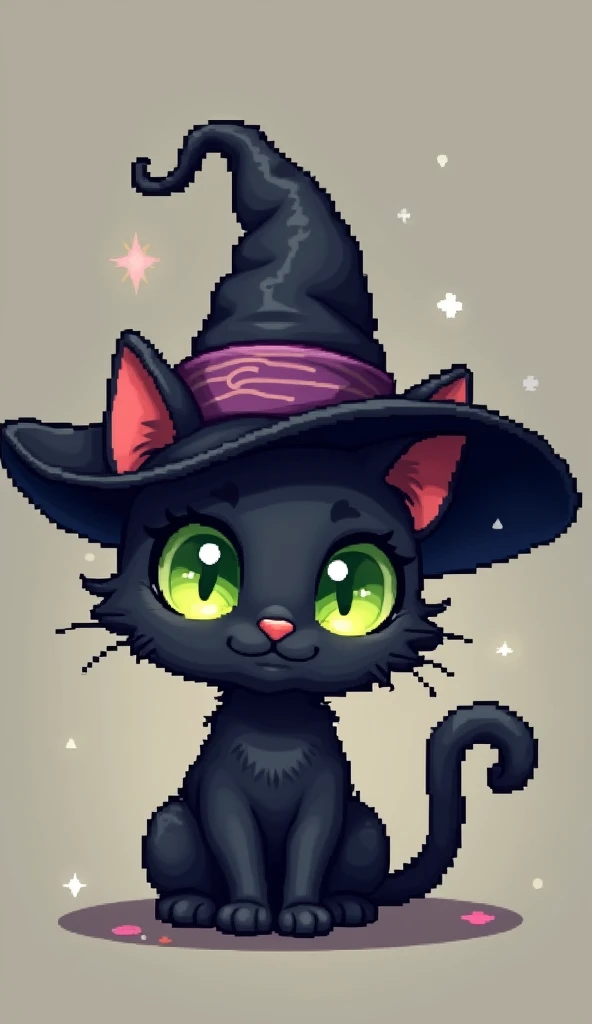 16-Bit chibi Black cat wearing a black witches hat, green eyes