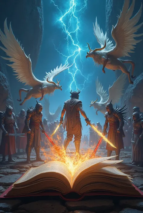 create a sccene of an open book where on its page is scene with conjurers of powerful magic, warriors of immense strength like the legendary swordmasters who could split mountains with a single dance of their blades, warriors whose fists were said to be fa...