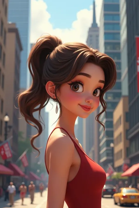 Animated brunette young smiling  demure woman with her side profile facing her back with a ponitail in New York City,  amidst skyscrapers and bustling streets, appearing wealthy and excited, yet with a hint of discontent."  With A wider view of the City