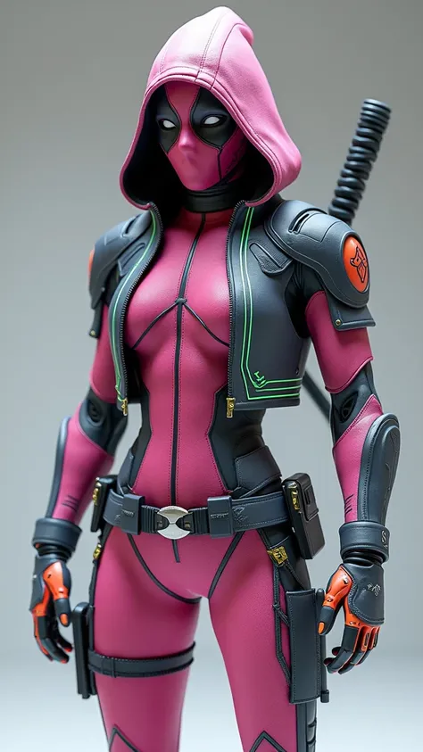 Mixed version of Deadpool and Iron Man with infinity gems and zombie Deadpool, Matte pink nanofiber full-body suit with phosphorescent green circuit lines - Deep indigo synthetic leather cropped jacket with integrated hood - Dark grey knee-high anti-sound ...