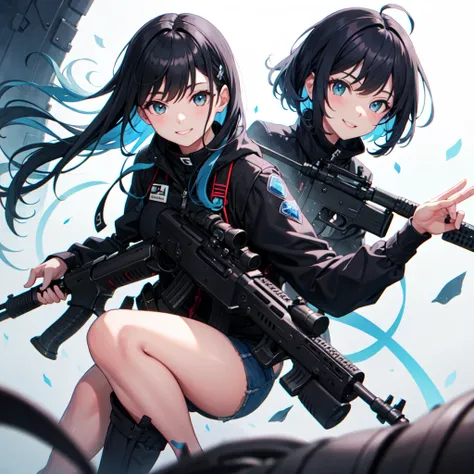 ((Best Quality)), (detailed), He has a rifle.,Around ,Black Hair,Blue hair tips,girl,cute,smile