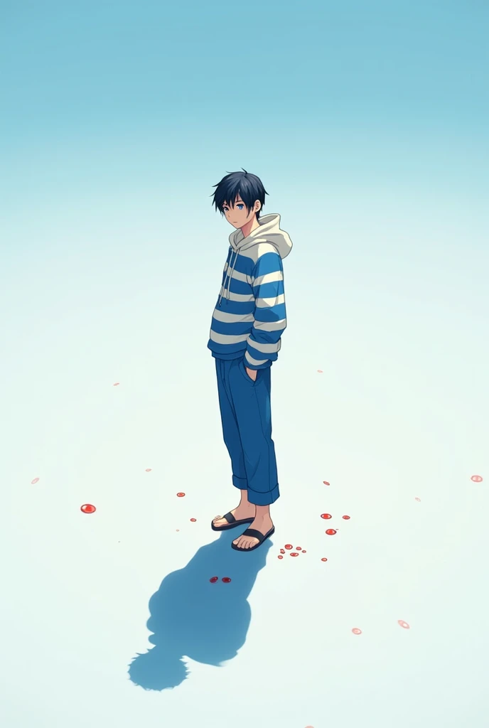 Anime, male, standing, wearing a blue white horizontal stripes hoodie, wearing a blue white horizontal stripes trouser, short black hair, in nothingness space, calm pose, sky blue eyes, put on a hoodie, shadow with red eyes flow below  him, looking straigh...