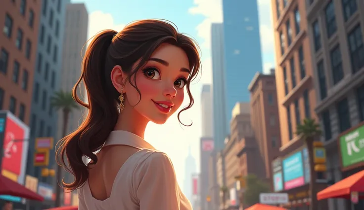 Animated brunette young smiling  demure woman with her side profile facing her back with a ponitail in New York City,  amidst skyscrapers and bustling streets, appearing wealthy and excited, yet with a hint of discontent."  With A wider view of the City