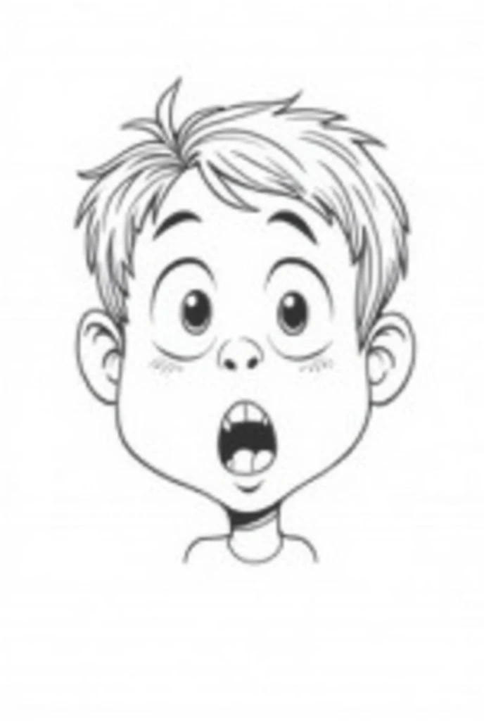 An easy drawing style, black and white, a small boy suprised face