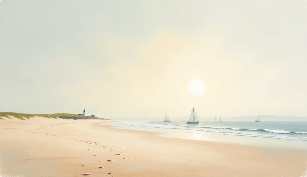 Oil painting on a sunny and windy beach, in the distance is the coastal lighthouse, with white sails offshore at dawn in minimalist painting style vast space