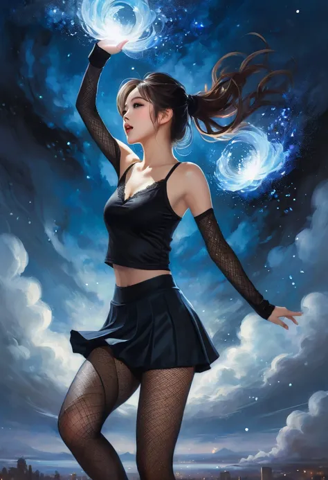 painting of beautiful female korean cheerleader , black mini skirt, lace dark attire, unbuttoned black Camisole, fingerless glove, fishnet tights, hair toss pose, clouds and nebula as background, floating glowing blue sparks, strong breeze, steam, charlie ...