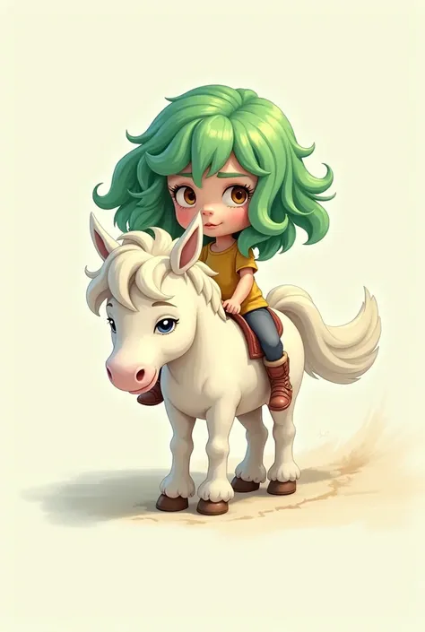 Une fille au cheveux vert sur un tout petit poney blanc. Les pieds de la fille touchent le sol. Le poney est triste. Style cartoon