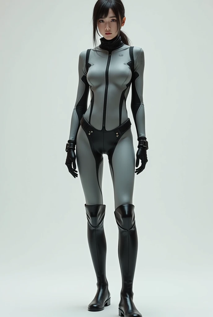 A beautiful Japanese girl wearing a gray suit, Wearing a tight suit, A beautiful Japanese woman wearing a futuristic gray suit, 滑らかなgreyタイトな服のスーツ, greyレオタードを着て, White stitching、Star Wars Imperial Agent, Female Stormtrooper, Full Body Shot, full body,  The ...