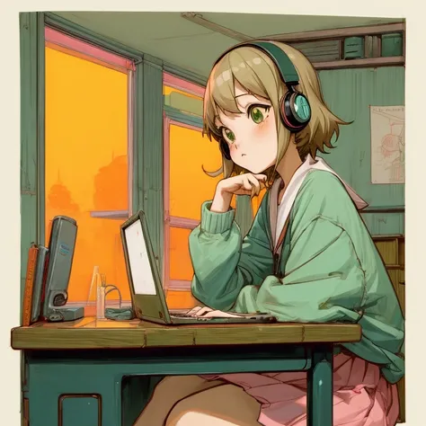 anime girl sitting at a desk with a laptop and headphones on, lofi girl, lofi artstyle, lofi girl aesthetic, lofi art, lofi feel, style in ghibli anime, lofi colors, lofi vibes, lofi hip hop, lofi, lofi vibe, chihiro! fujisaki, satoshi kon artstyle